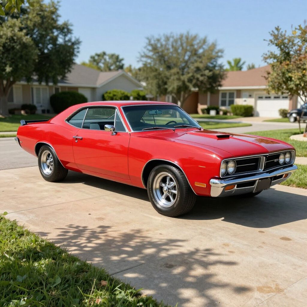 Red classic muscle car parked on a suburban driveway in bright daylight.