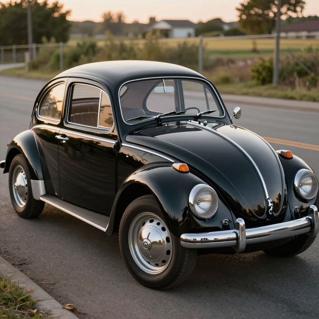 Black vintage Volkswagen Beetle parked on a road at sunset, with fields in the background