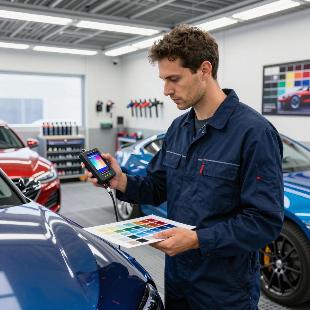 Technician inspecting a blue car with a color chart in an auto body shop