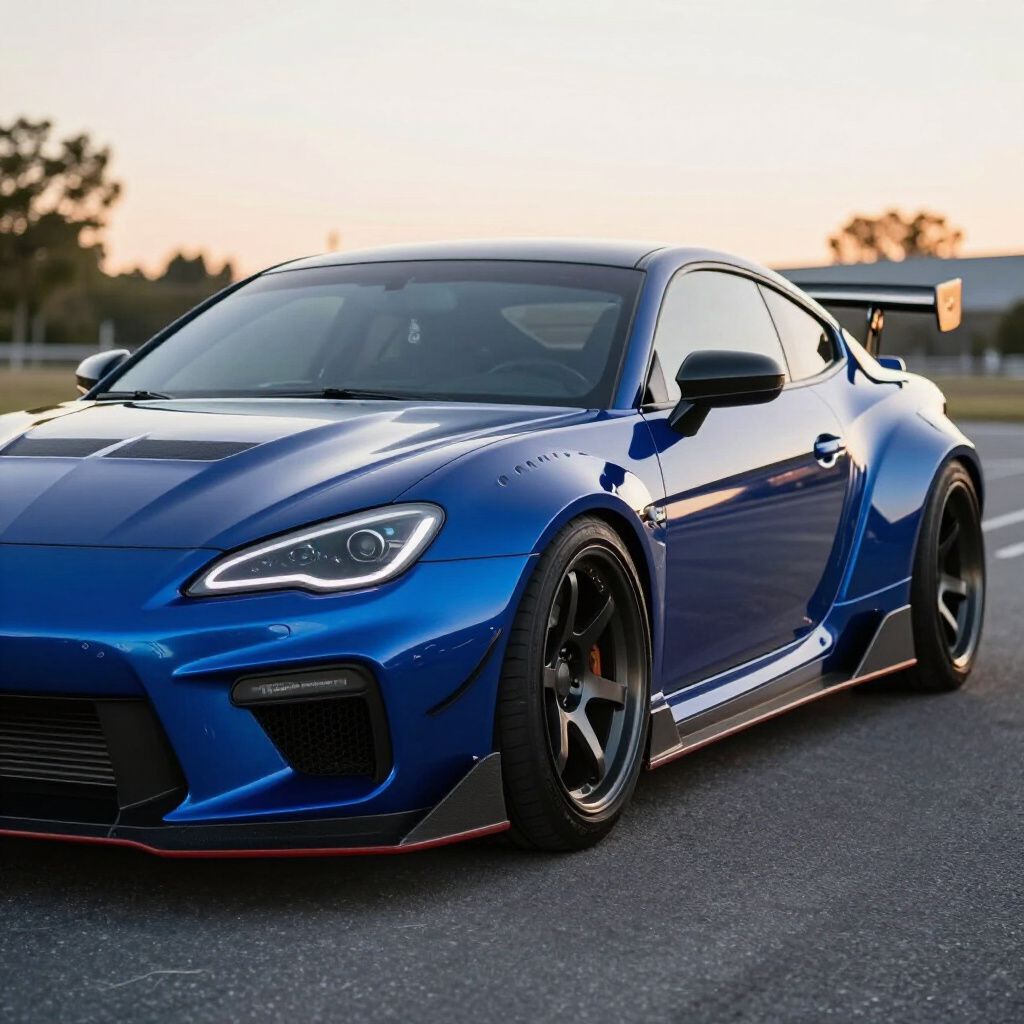 Blue sports car with widebody kit parked on a road at sunset