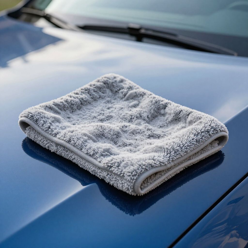 Gray microfiber cloth on a blue car hood, ready for cleaning
