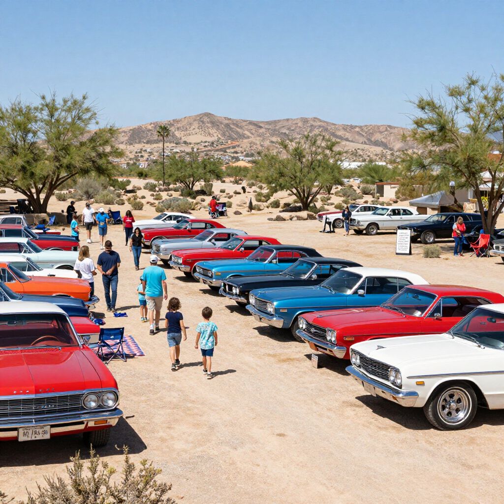 Classic car show with rows of colorful vintage cars and people walking in a desert lot
