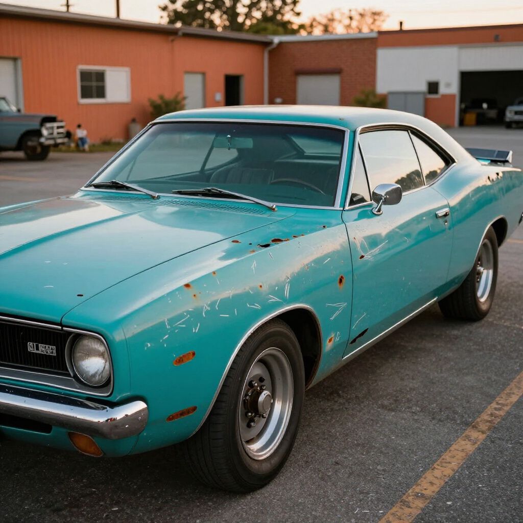 Turquoise classic muscle car parked outdoors beside a building at sunset