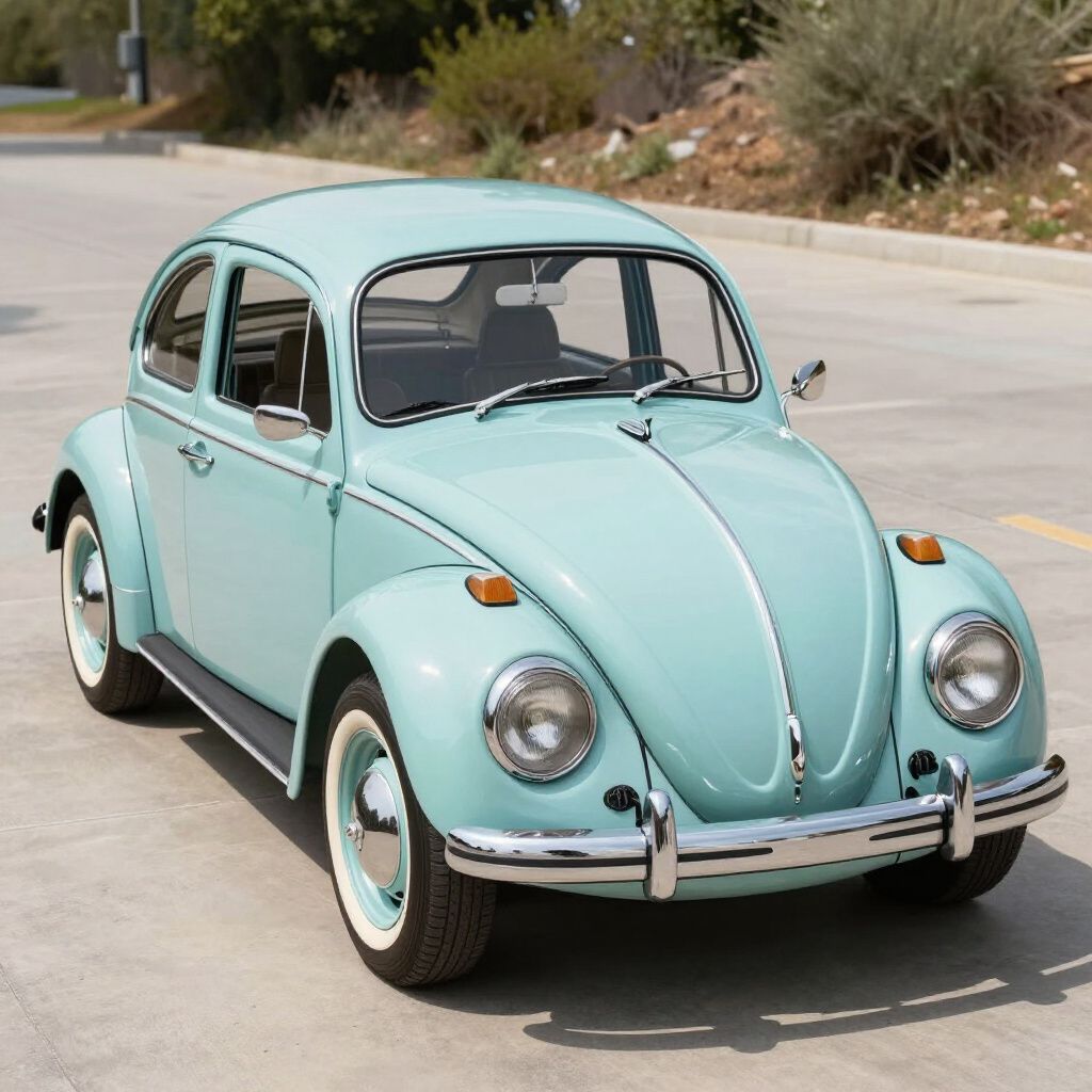 Light blue vintage Volkswagen Beetle parked on a street in daylight