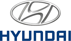 Hyundai logo with silver emblem above blue wordmark on a white background