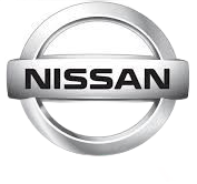 Nissan logo in silver and black, with a circular emblem and bold wordmark.
