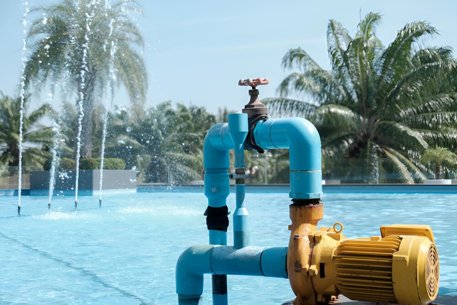 A Yellow Pump is Sitting Next to a Swimming Pool With a Fountain in the Background — Taree Pool Supplies in Forster, NSW