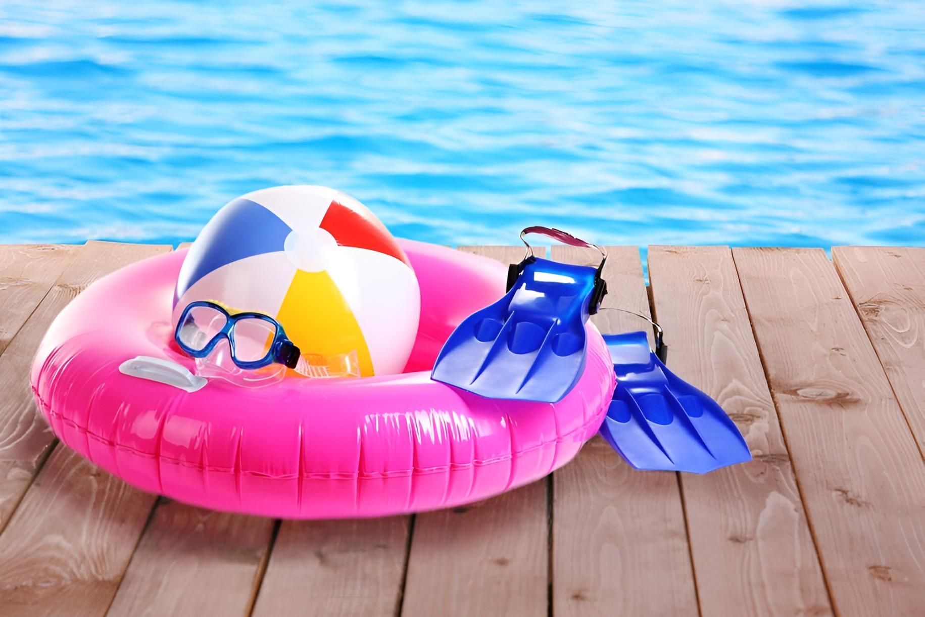 A Pink Float With a Beach Ball , Goggles and Flippers on a Wooden Dock — Taree Pool Supplies in Taree, NSW
