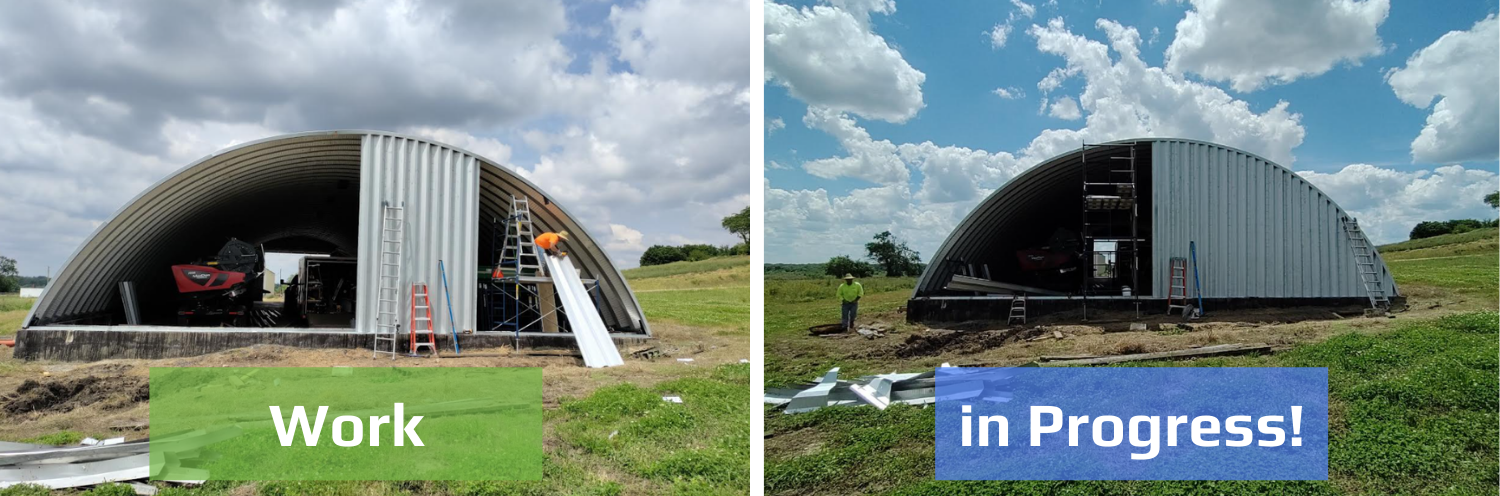 Two split-screen photos show the construction of a curved, metal-walled building in a grassy field.