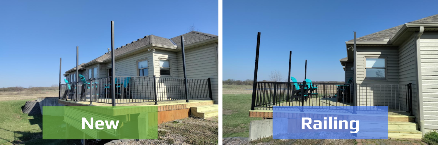 Side-by-side photos of a wooden deck with new black railings installed on the perimeter.