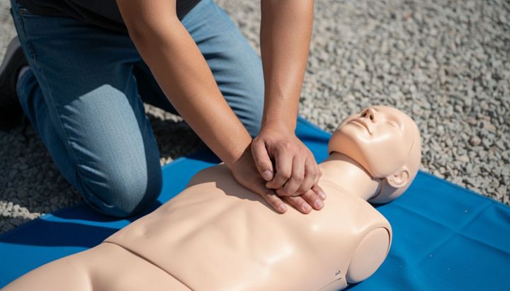 Person performing CPR chest compressions on a training manikin.