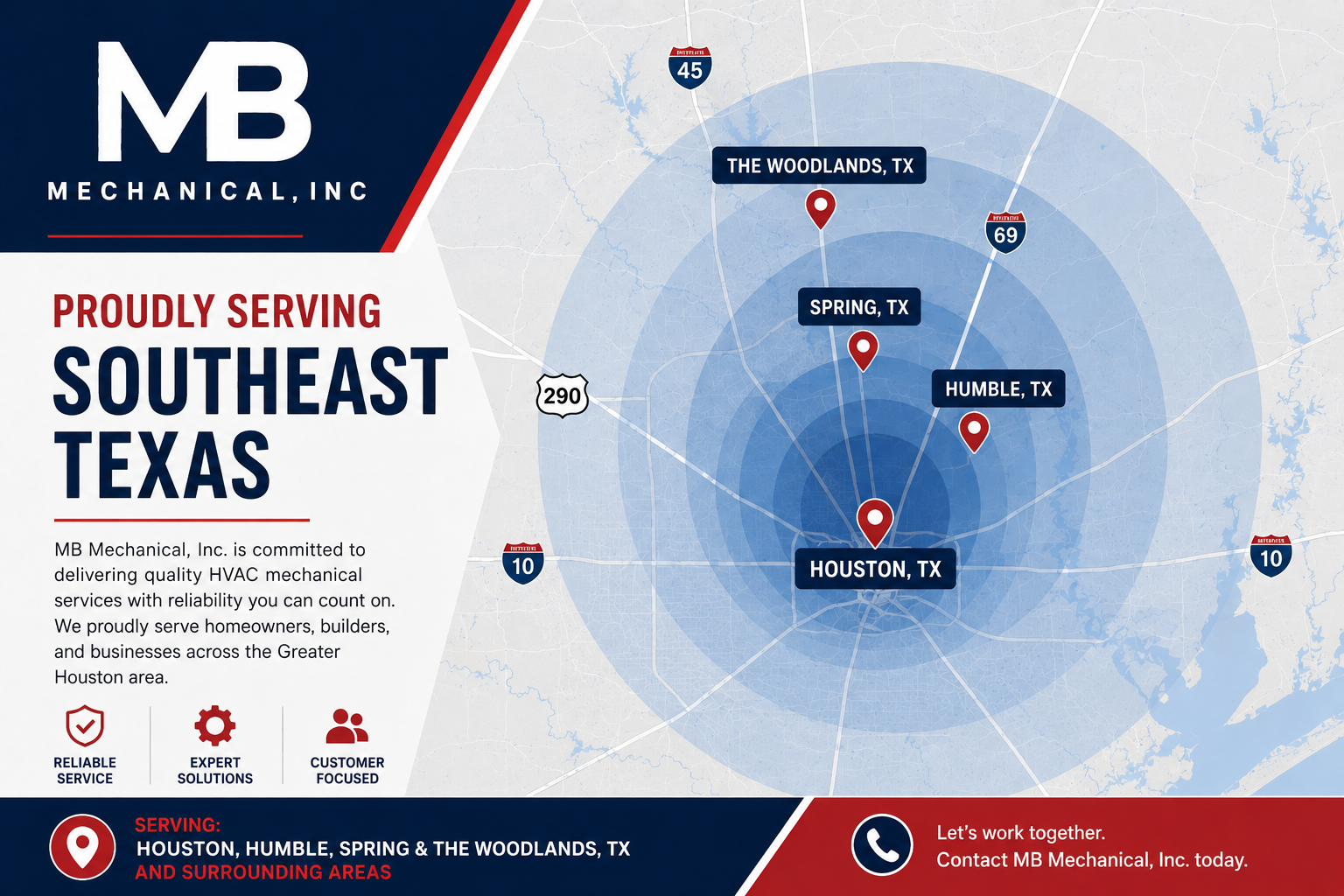 MB Mechanical, Inc. ad map of Southeast Texas service areas with blue/red branding and location pins.