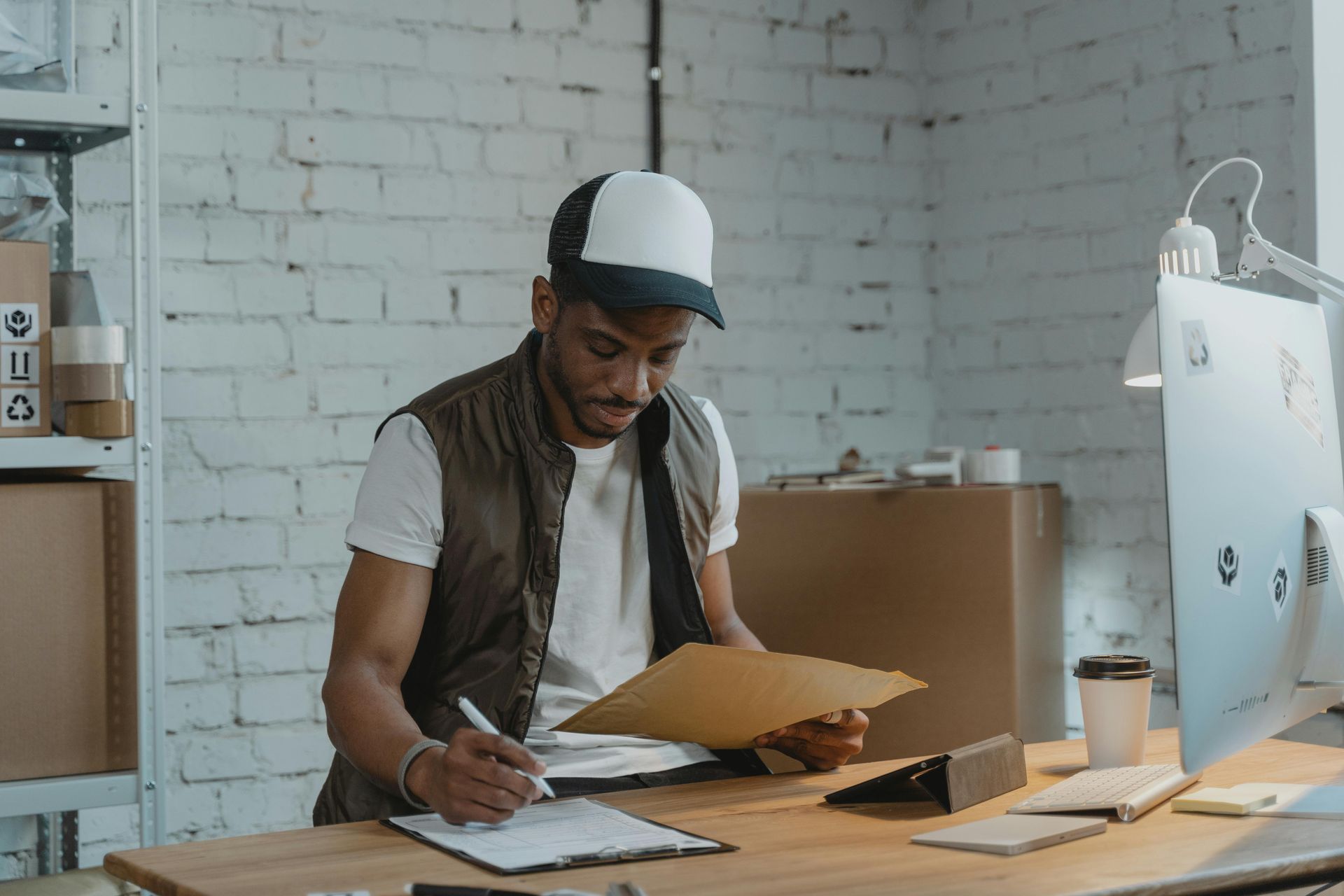 Person at a desk writing on papers in a bright studio office with boxes and a computer monitor.