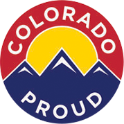 Colorado Proud logo with red, yellow, and blue mountains and curved text