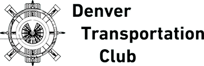 Black-and-white Denver Transportation Club logo with ship wheel icon and bold text.
