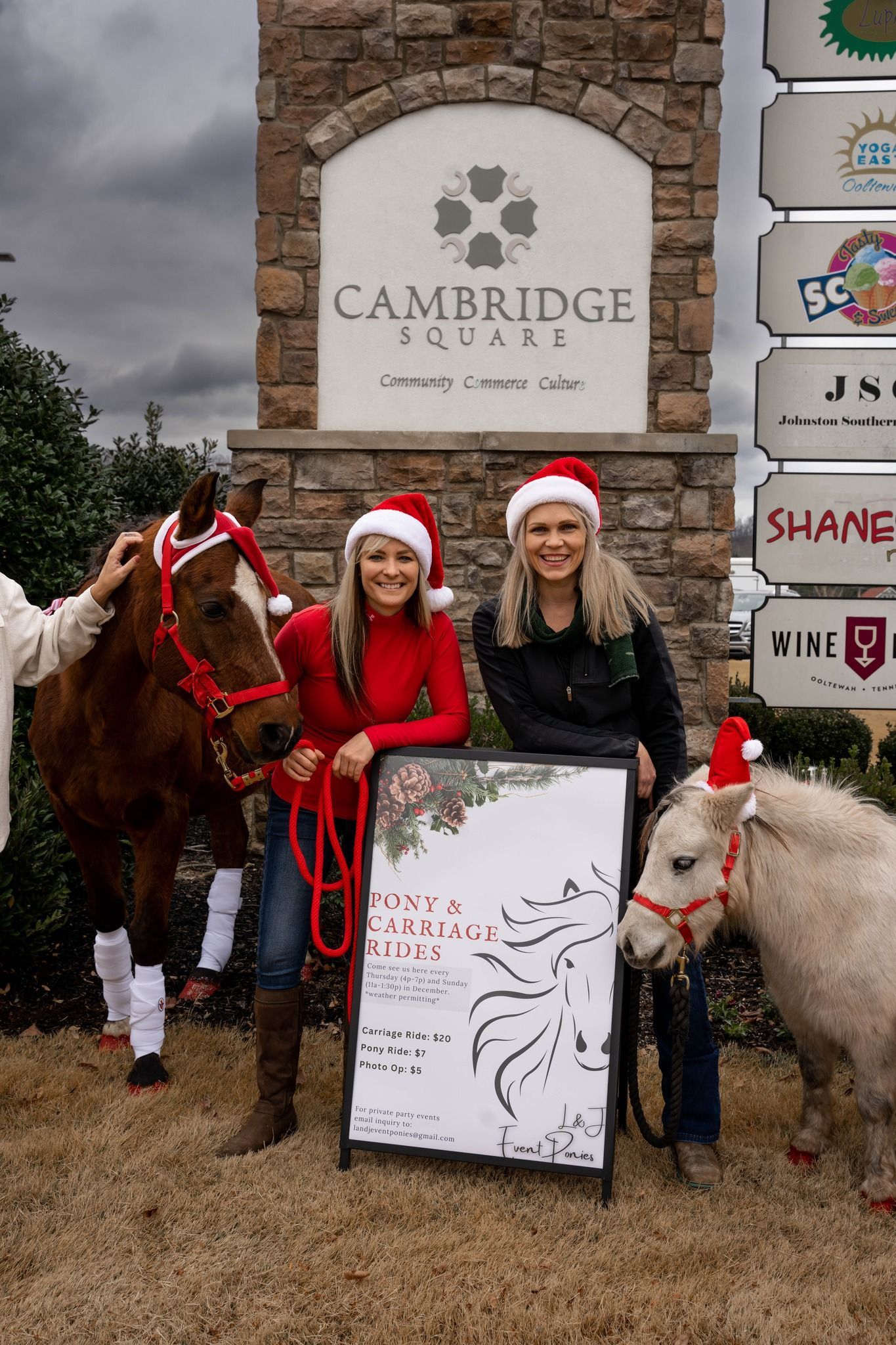 Two women are standing next to a horse and a pony wearing santa hats.