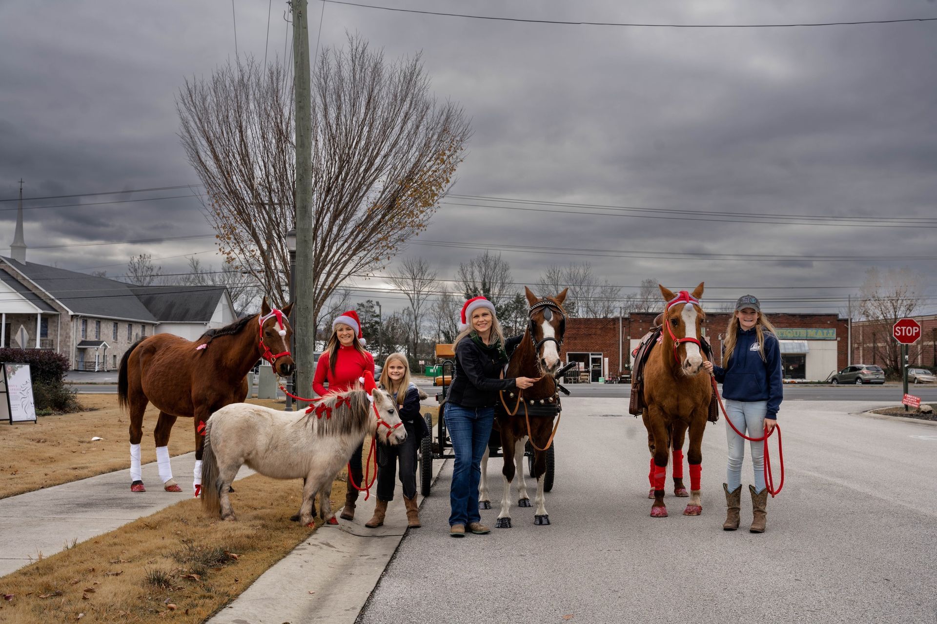 A group of people standing next to horses and a pony.