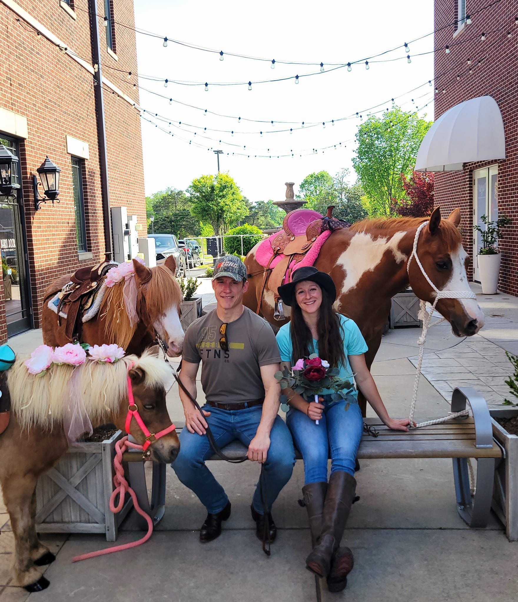 A man and a woman sit on a bench next to a horse