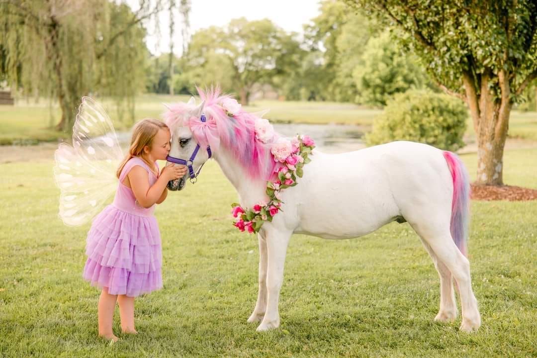 A little girl in a purple dress is petting a white unicorn.