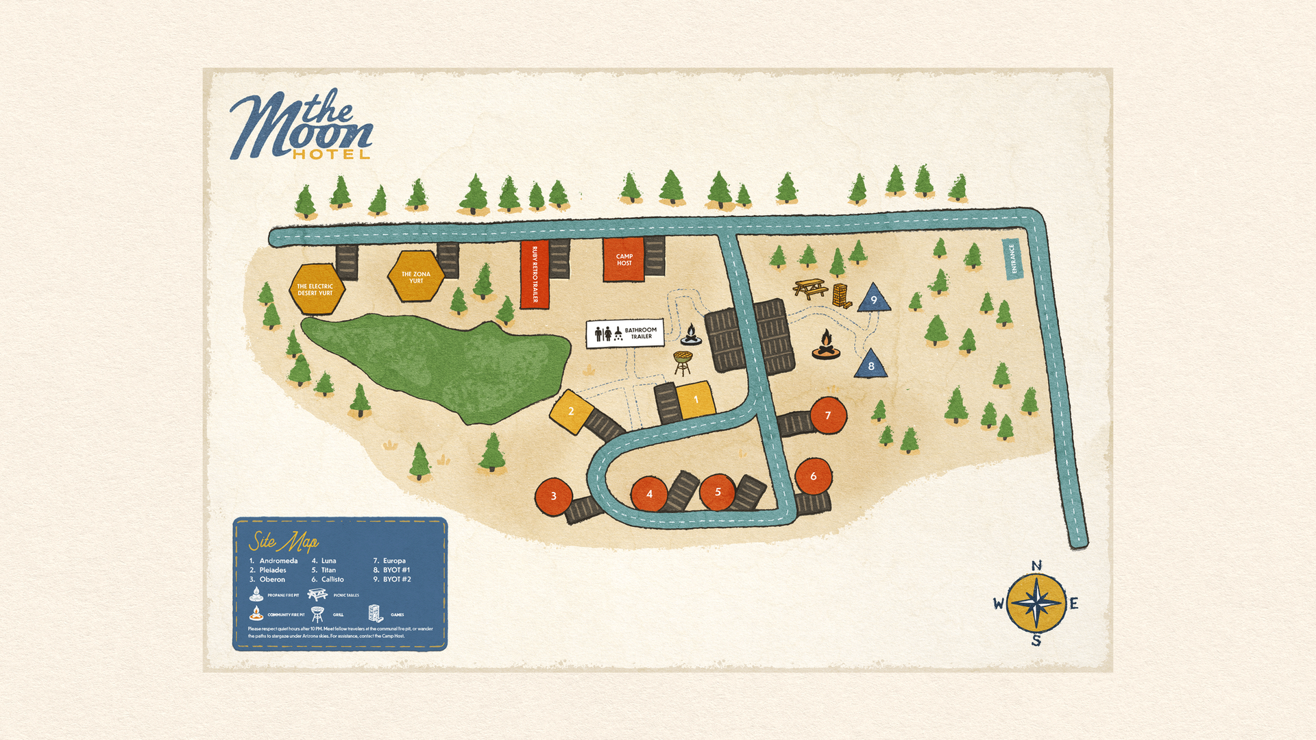 Stylized campsite map with blue roads, orange cabins, tents, trees, and a legend panel.