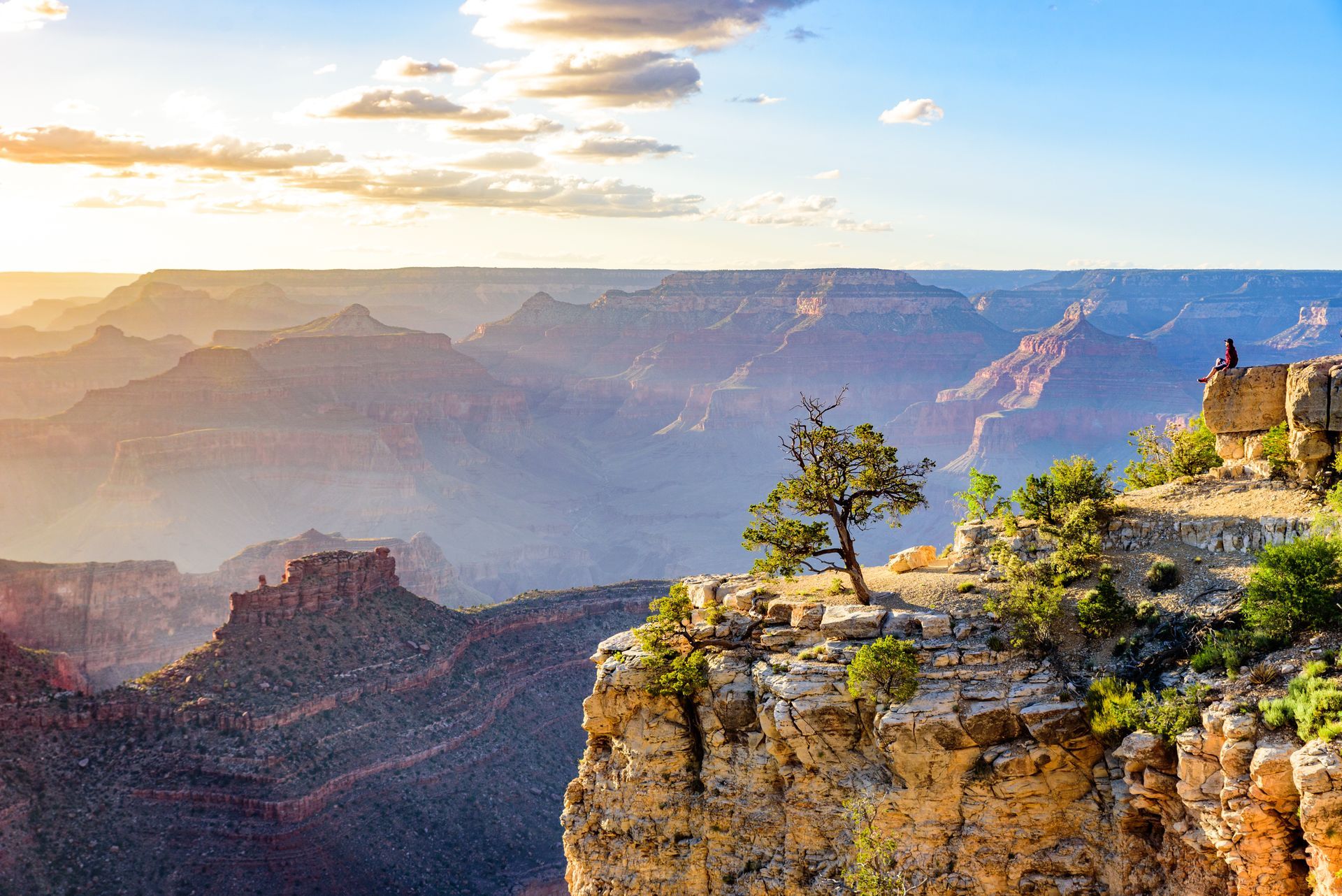 Grand Canyon vista at sunset, with a person sitting on the edge of the canyon, trees, and layered rock formations.