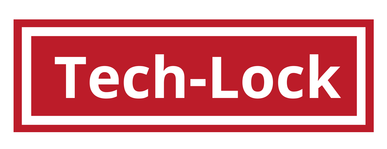 A red and white logo for tech-lock on a white background. A red and white logo for tech-lock on a white background.