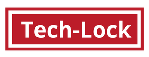 A red and white logo for tech-lock on a white background.