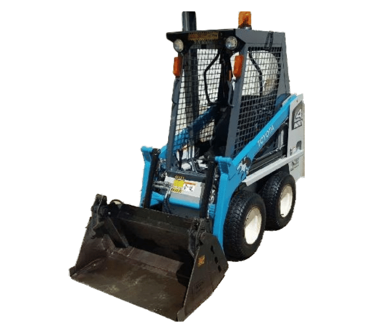 Blue and white skid steer loader with bucket, on a white background.
