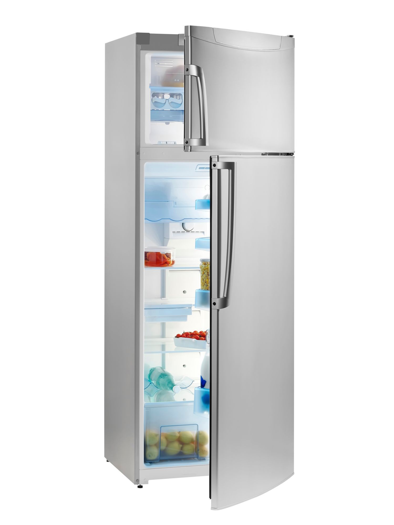 Silver refrigerator with the refrigerator door open, revealing shelves of food and ice.