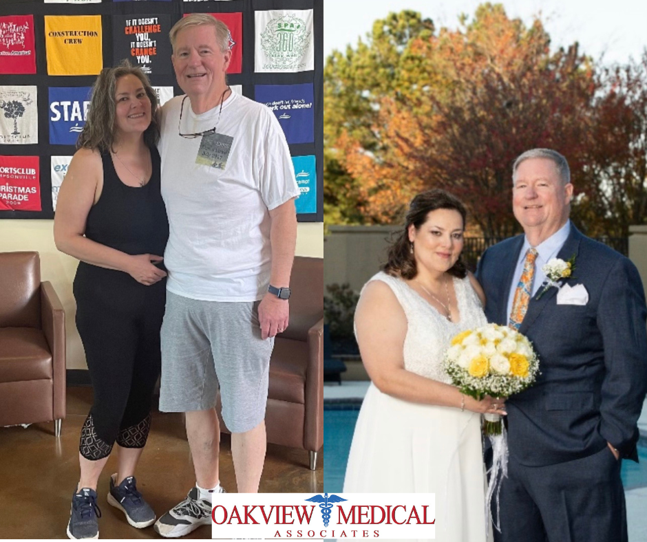 a man and a woman are posing for a picture in front of a sign that says oakview medical associates | Simpsonville, SC | Oakview Medical