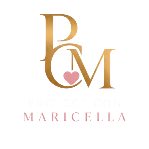 Gold monogram “BM” with a pink heart and the name “Maricella” beneath it