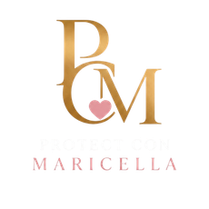 Gold monogram “BM” with a pink heart and the name “Maricella” beneath it