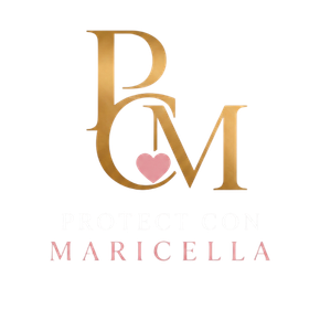 Gold monogram “BM” with a pink heart and the name “Maricella” beneath it