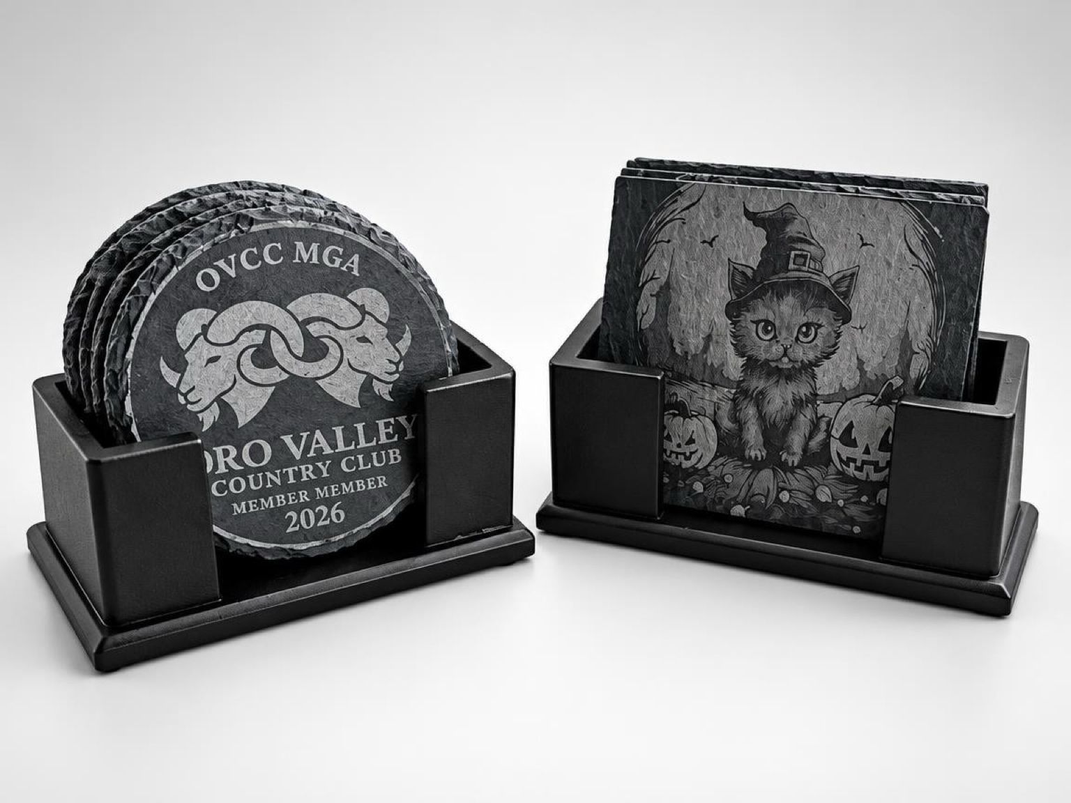 4-Inch Engraved Black Slate Coasters | Square & Circle Drink Coaster Set