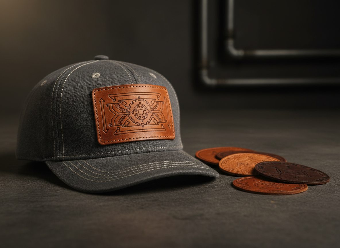 Leatherette Patch, laser engraved and installed on a trucker style hat.