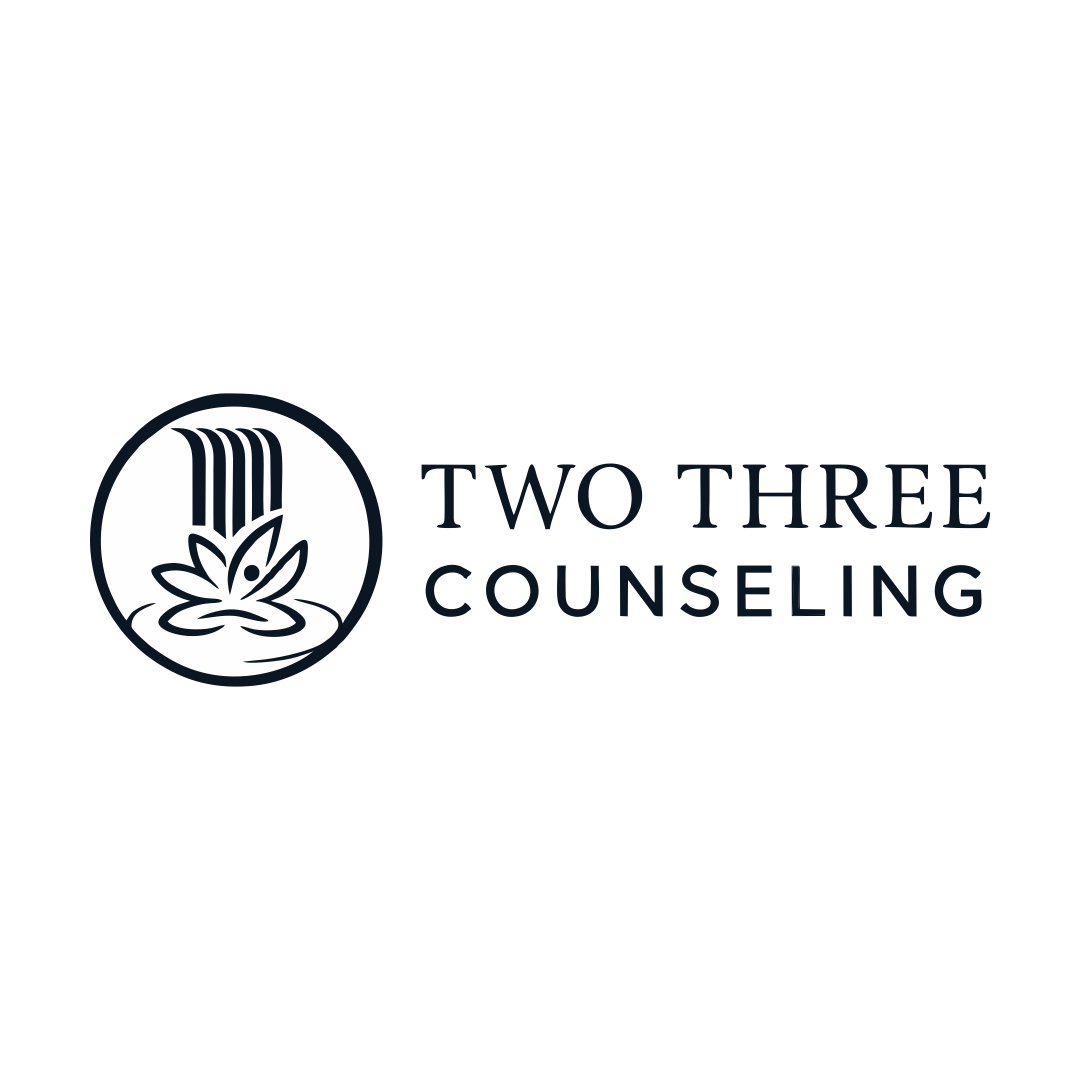 Logo for Two Three Counseling: Circle with waterfall and lotus flower, text