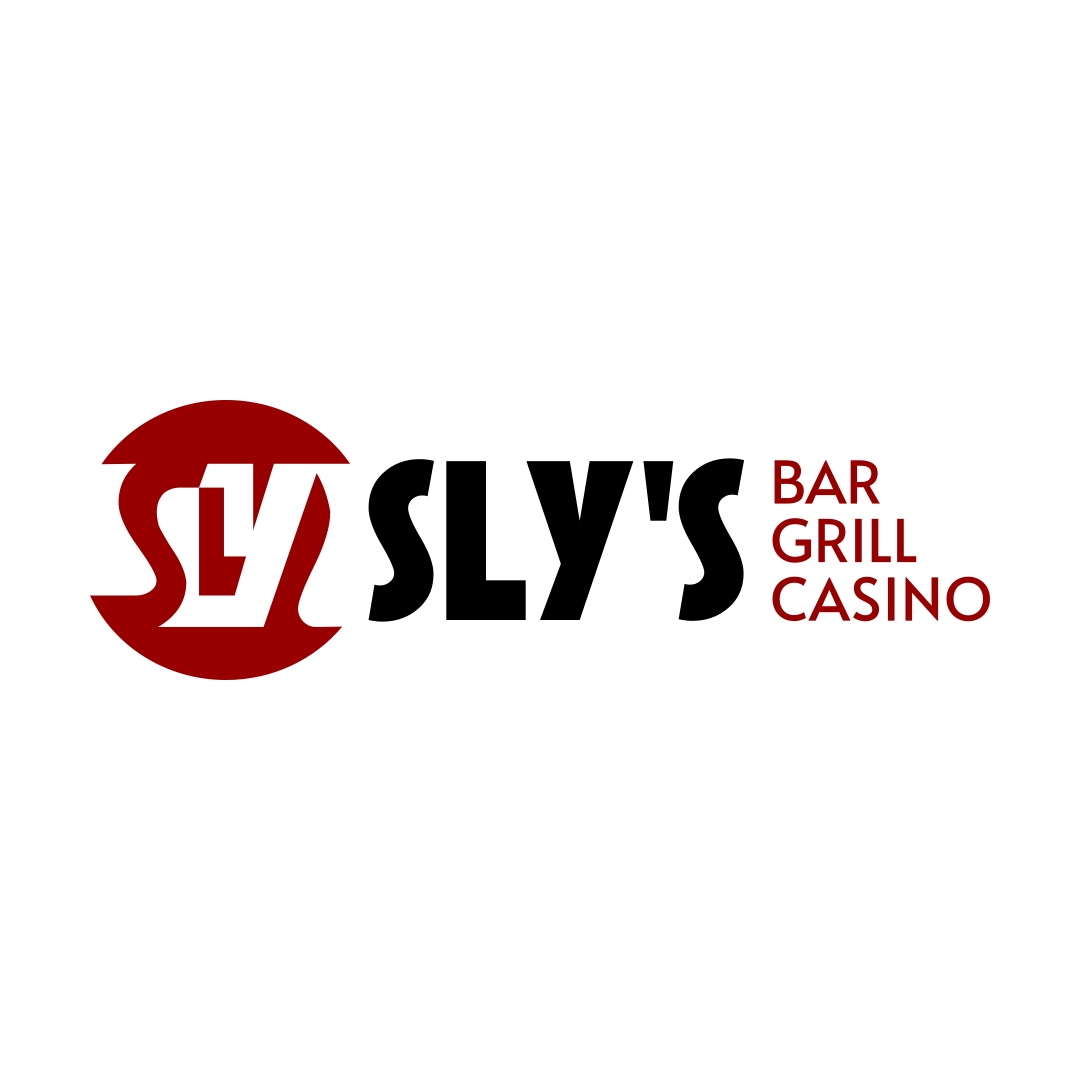 Sly's Bar Grill Casino logo in white, black and red on a white background.