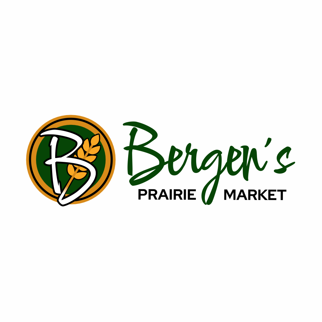 Bergen’s Prairie Market logo in green and gold with a circular leaf-and-B monogram.