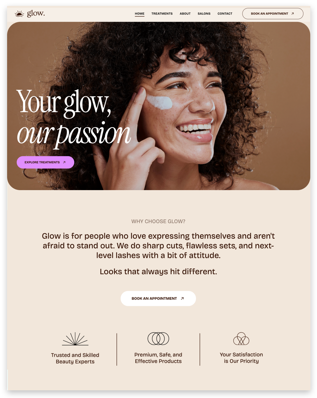 Woman with cream on her face smiles, product advertisement for glow.