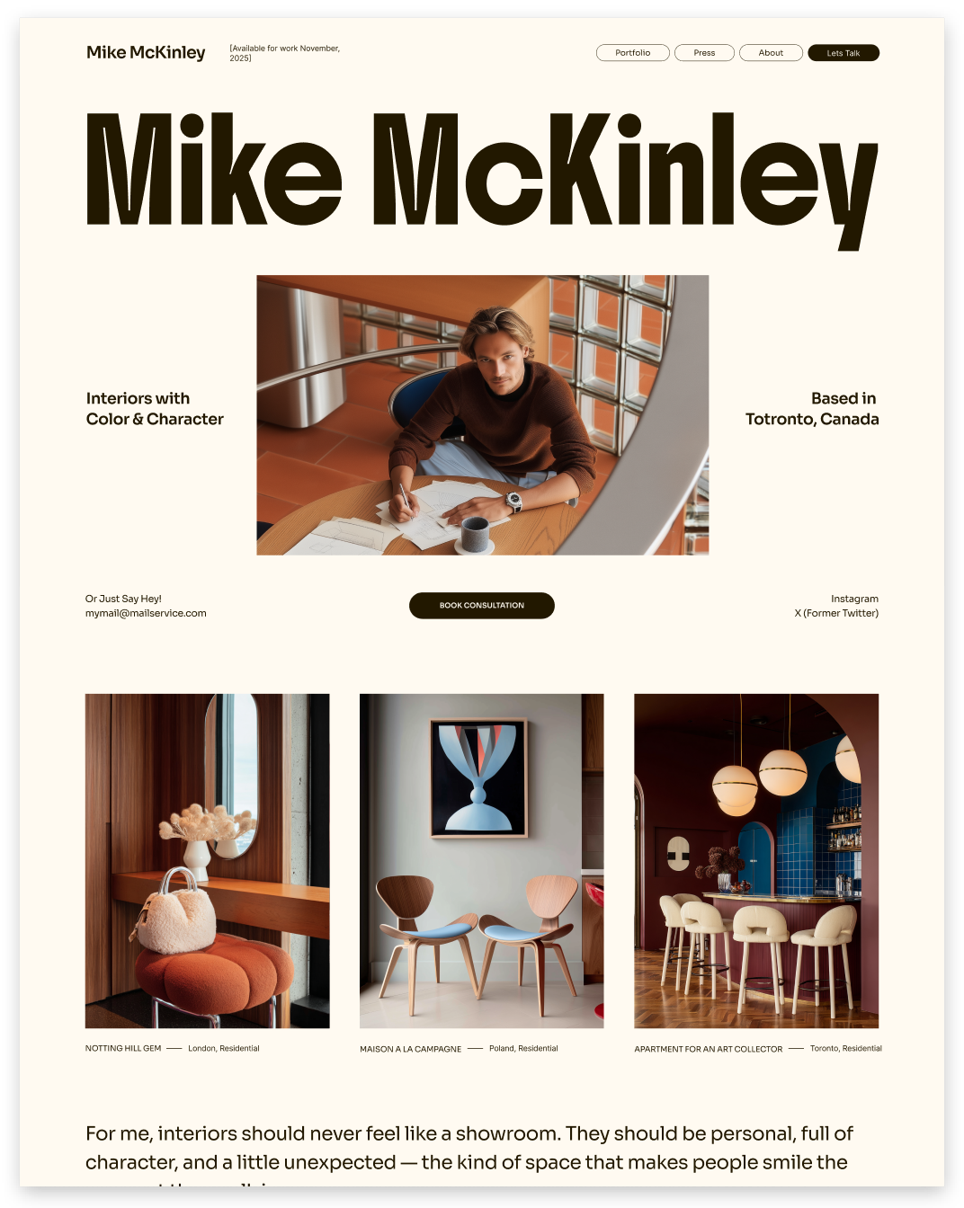 Mike McKinley website homepage with photograph of a person at a table and interior design photos.