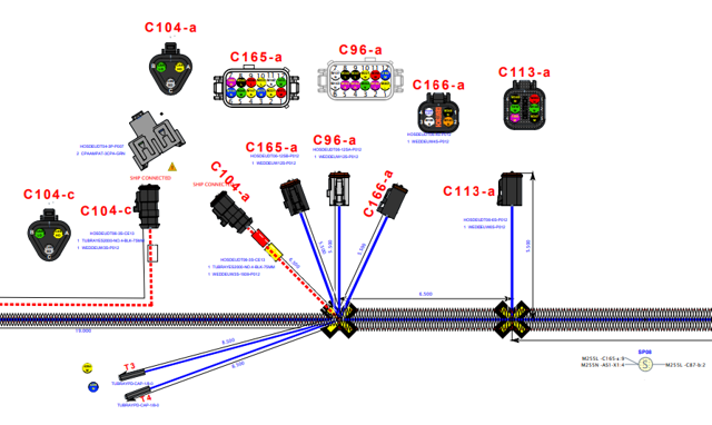 Wire harness schematic showing connector layouts and cable routing designed by Kato Cable