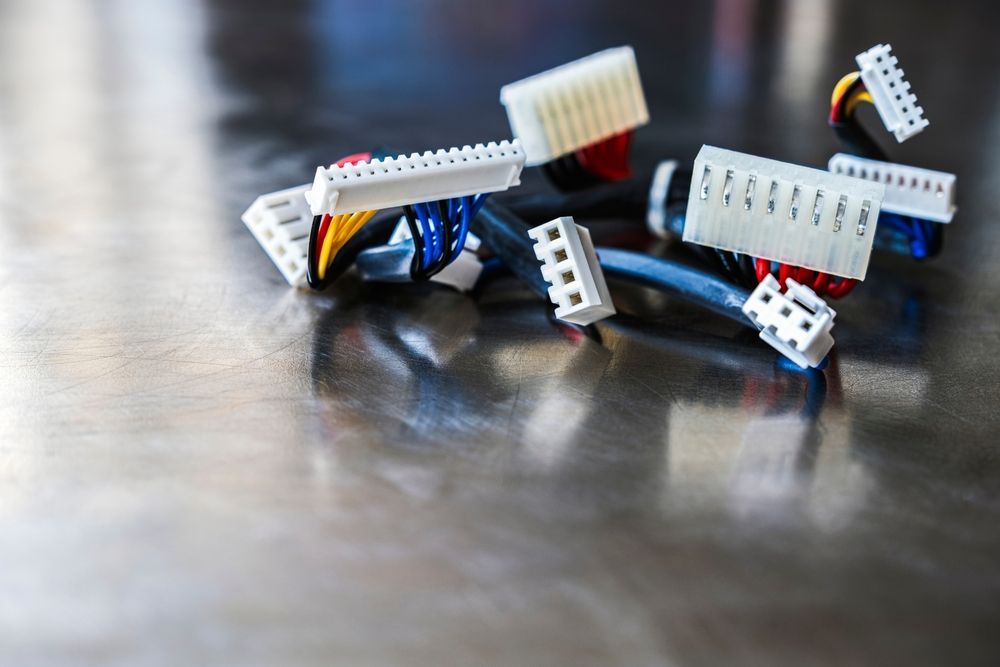 Scattered broken white and blue LEGO pieces on a wooden table with a blurred background