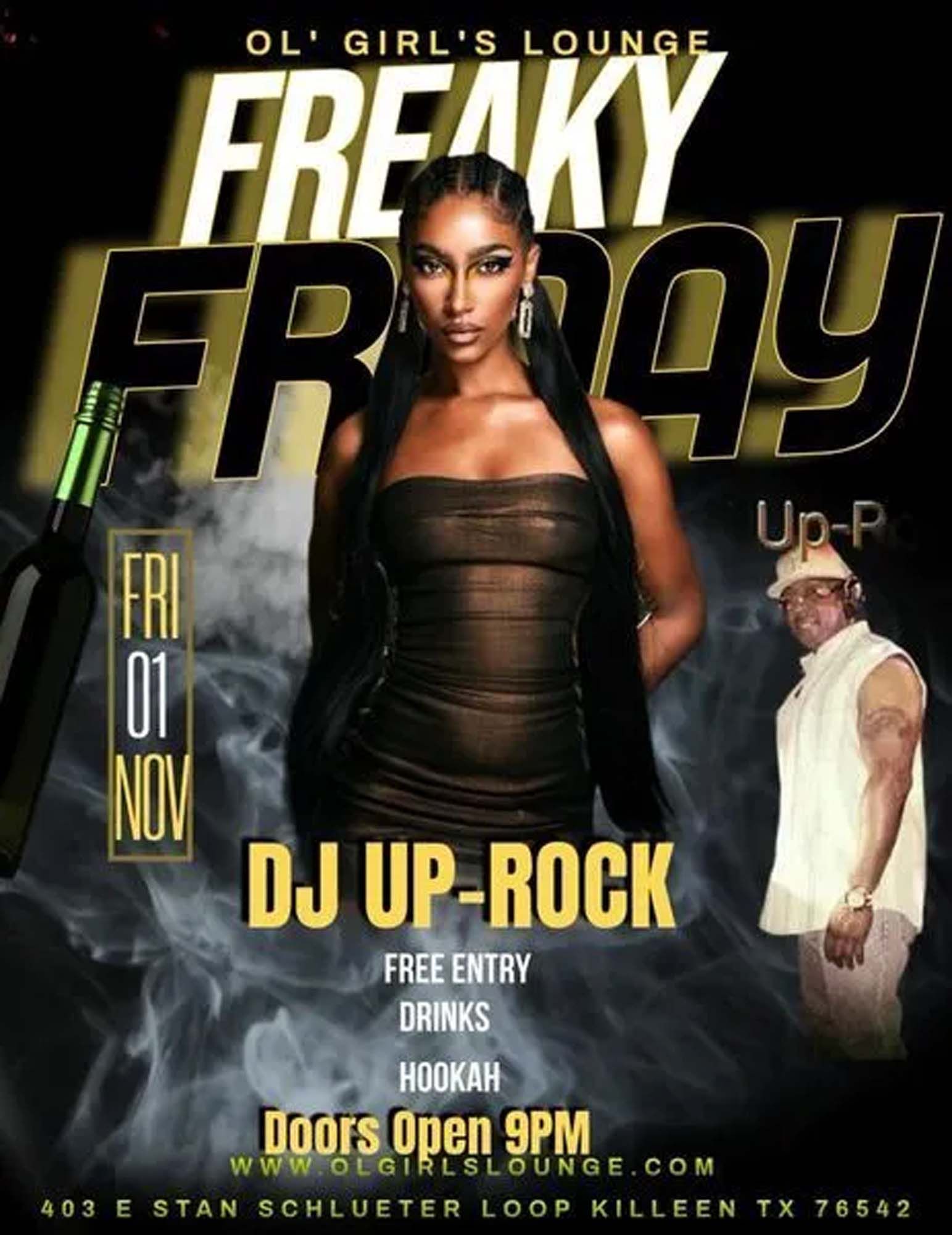 An advertisement for freaky friday with dj up-rock
