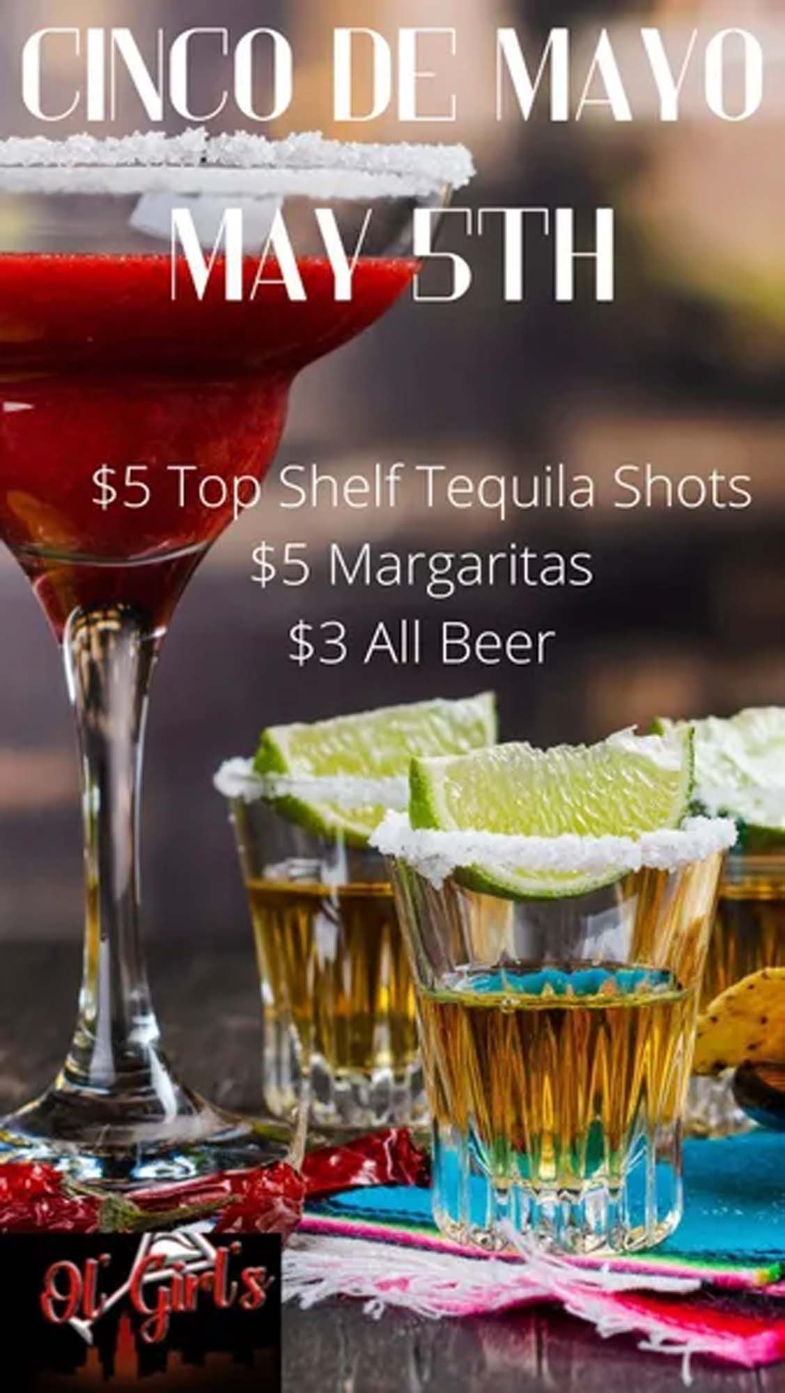 A poster for cinco de mayo with a margarita and tequila shots
