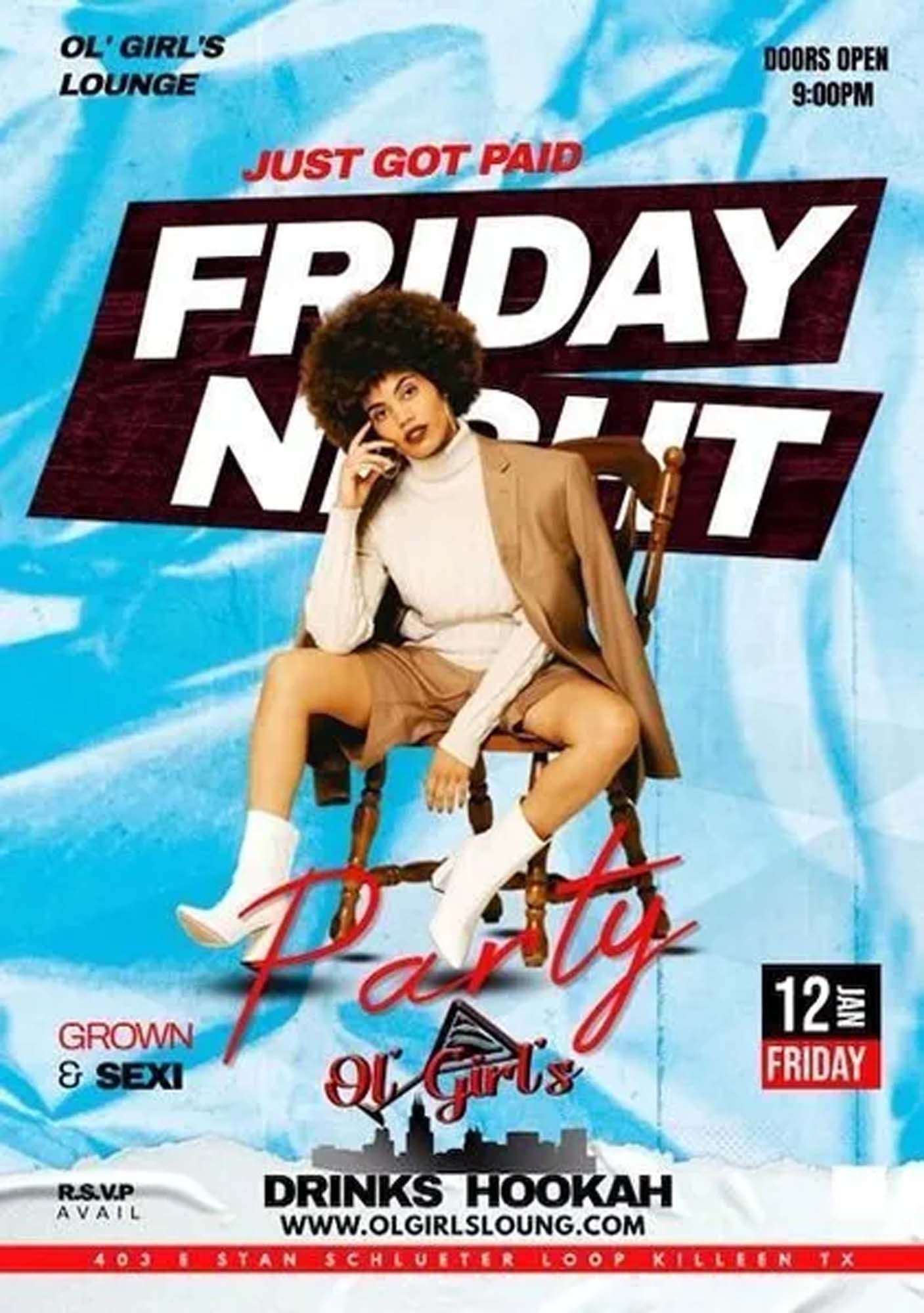 A poster for friday night party with a woman sitting on a chair