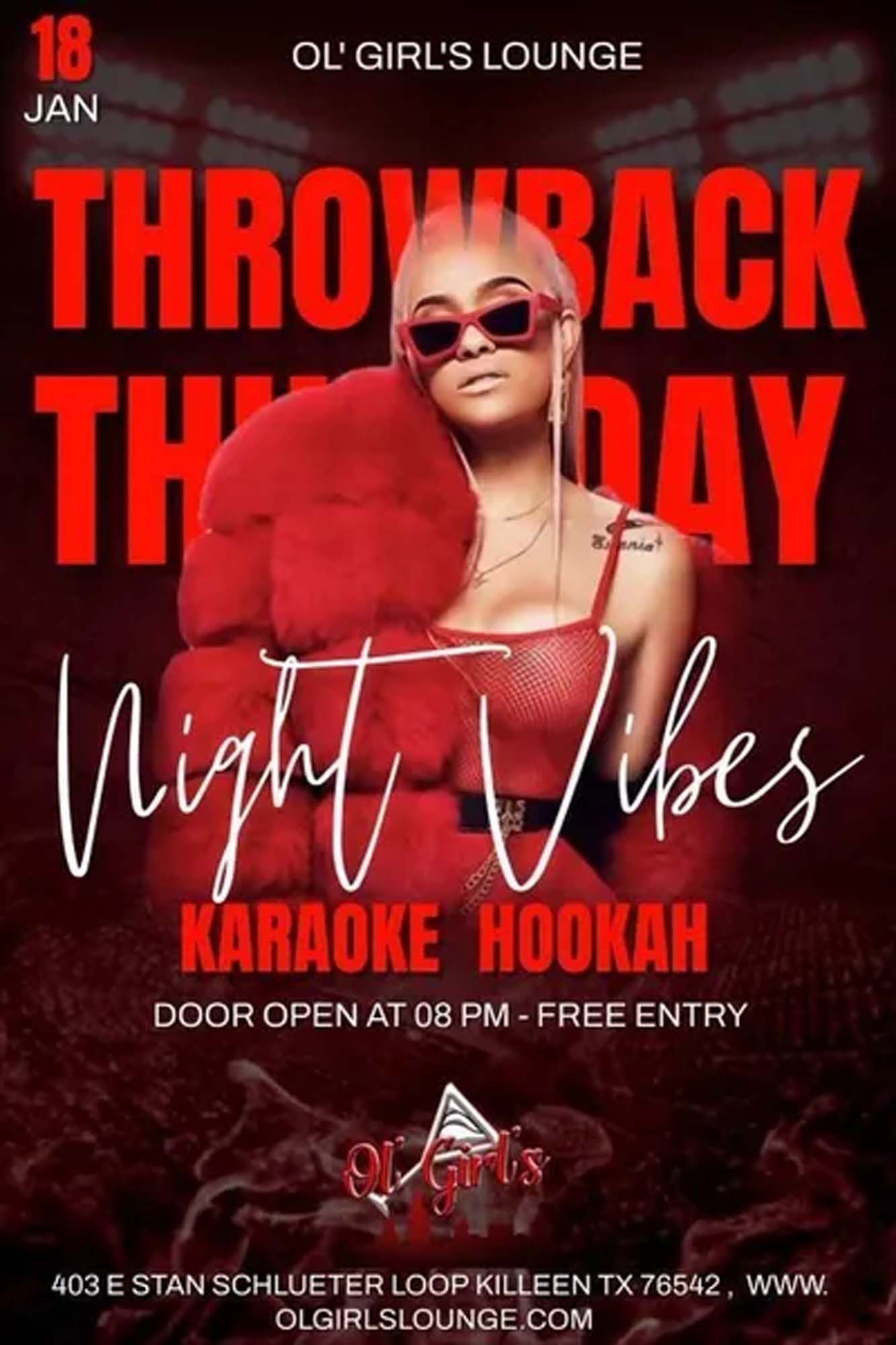 Throwback Thursday at Ol' Girl's Lounge with karaoke and hookah. Red theme, woman with sunglasses. Free entry, open at 8 PM.
