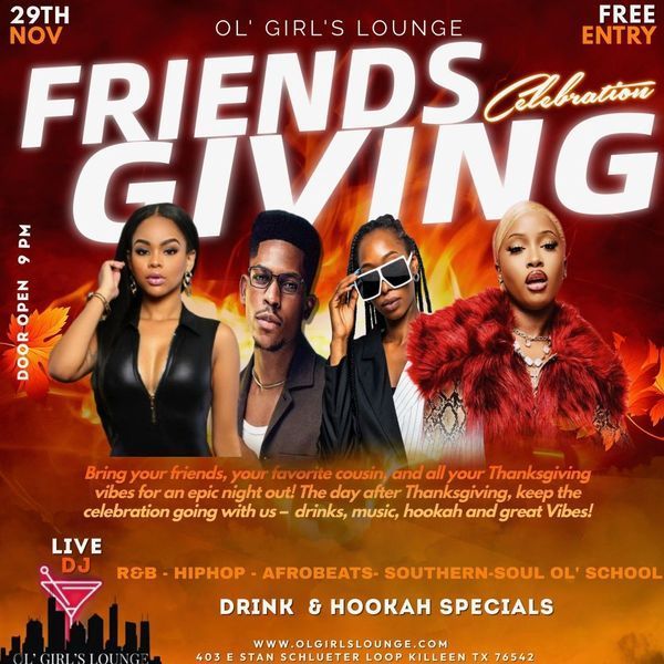 A poster for friends giving at ol girl 's lounge