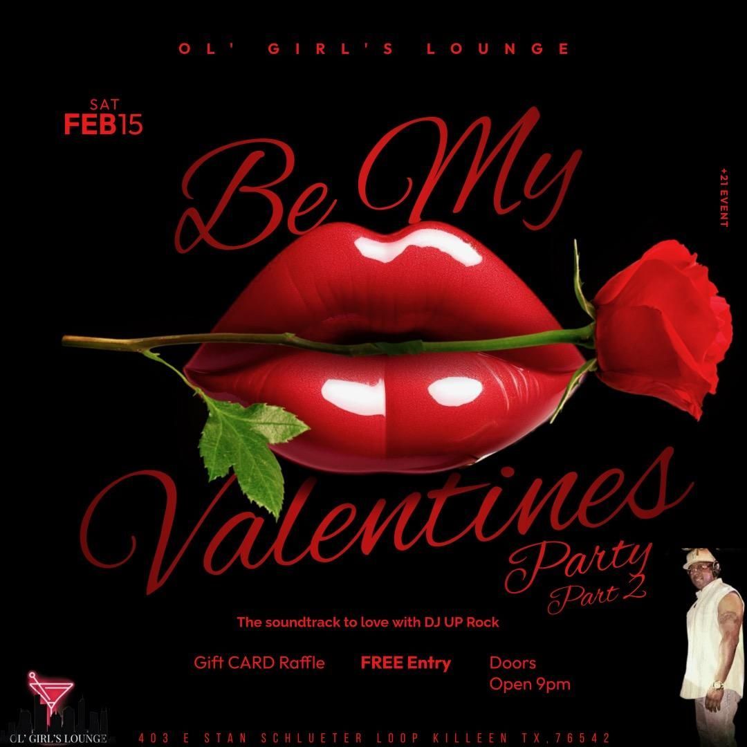 Valentine's Day party flyer. Red lips holding a rose on a black background. Featuring DJ UP Rock.