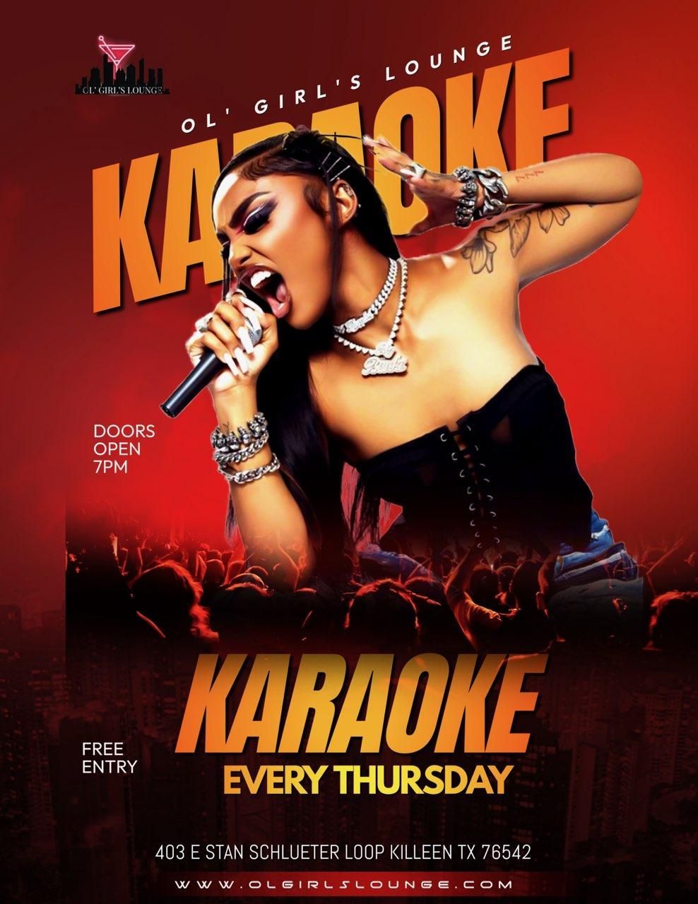 Karaoke night ad at Ol' Girl's Lounge, Killeen. Woman singing, red background, Thursday event. Free entry.