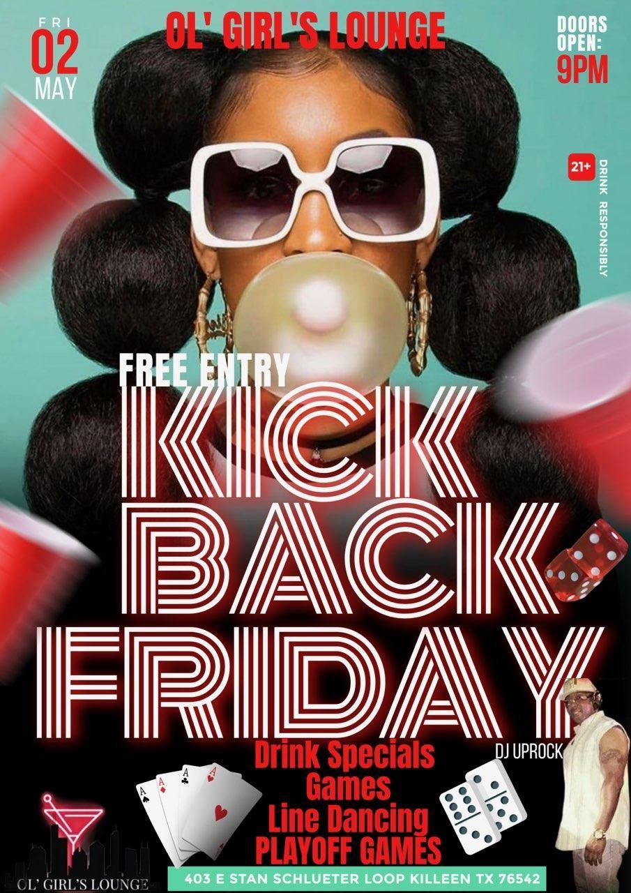 Flyer for Kick Back Friday at Ol' Girl's Lounge with woman blowing bubble gum, drink specials, games, and playoffs.